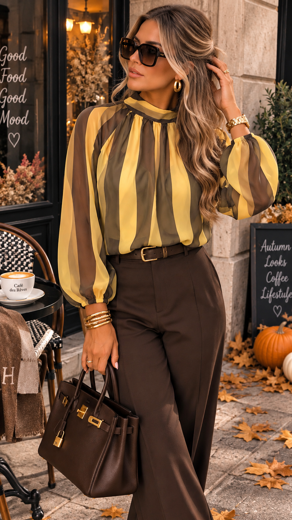 Blouse rayée jaune & marron