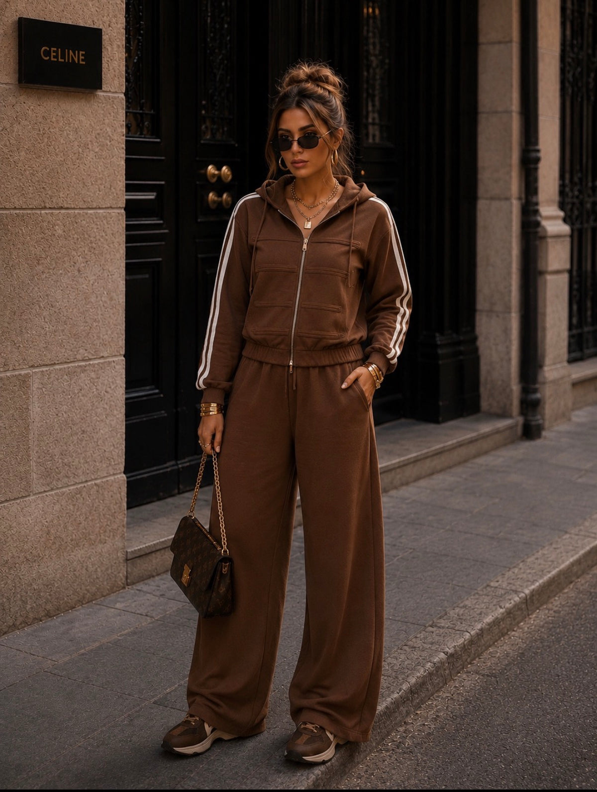 Ensemble jogging à bandes – Veste zippée avec détails & pantalon large