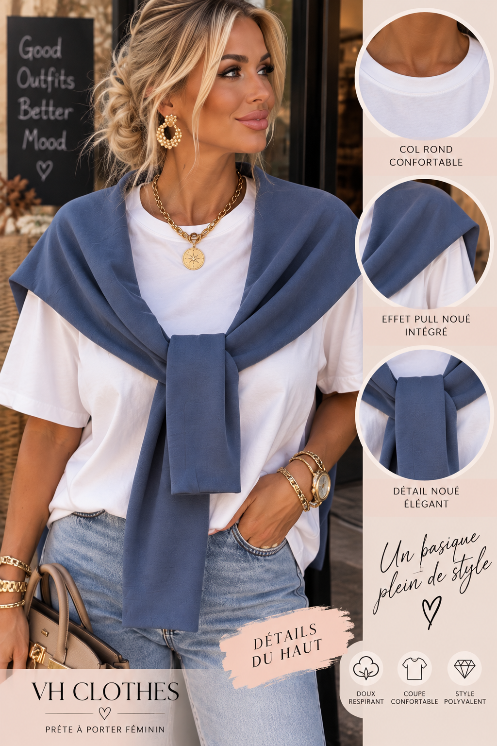 T-shirt blanc avec manches de pull noué intégré – Bleu