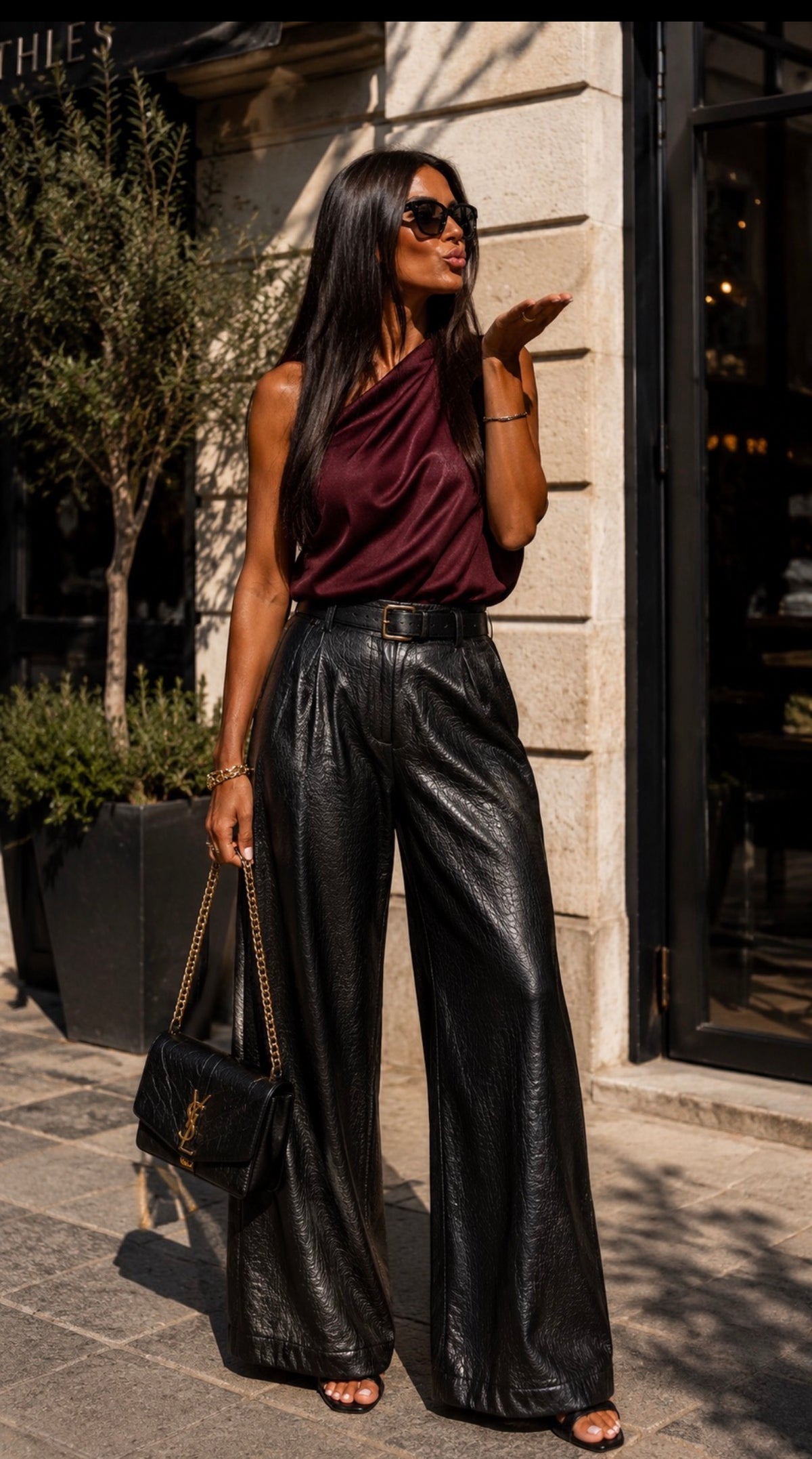 Pantalon large similicuir avec ceinture – Noir