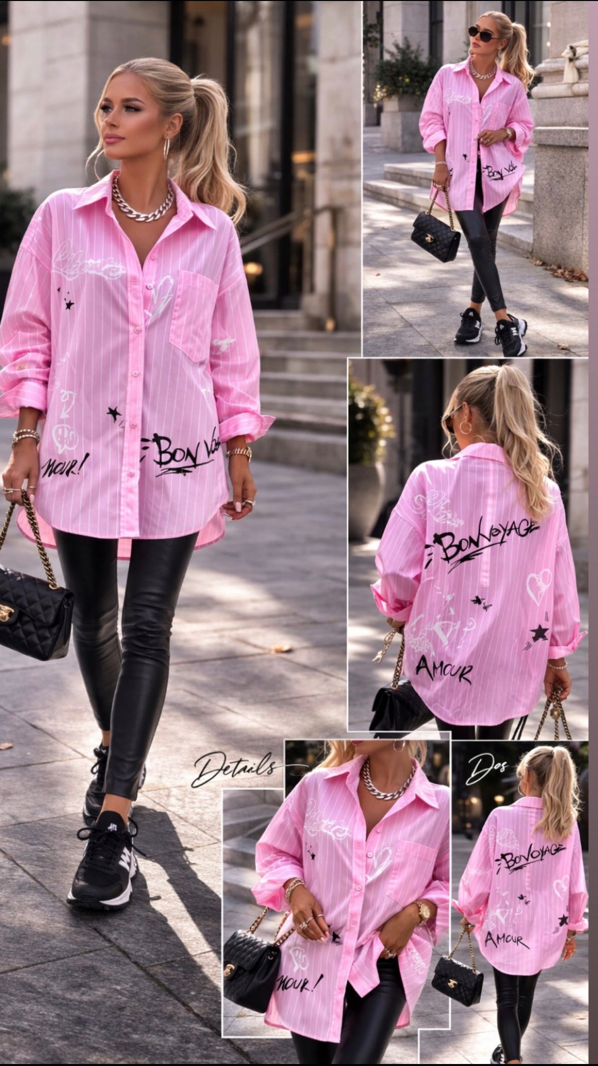 🩷 Chemise rayée à manches longues & écritures – Rose ou bleu