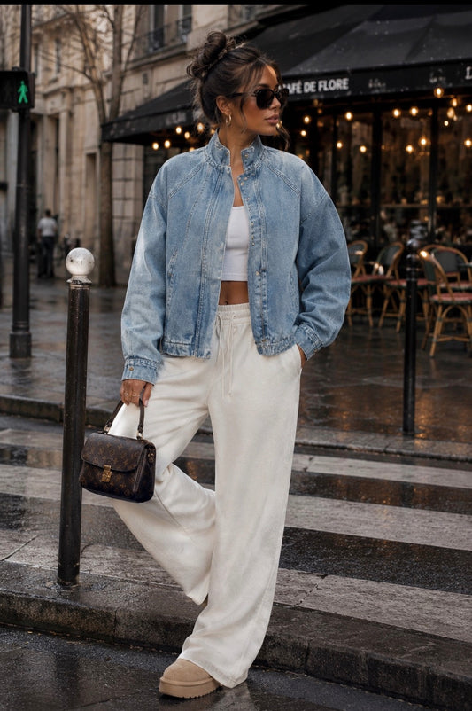 Veste en jean oversize col montant – Bleu clair