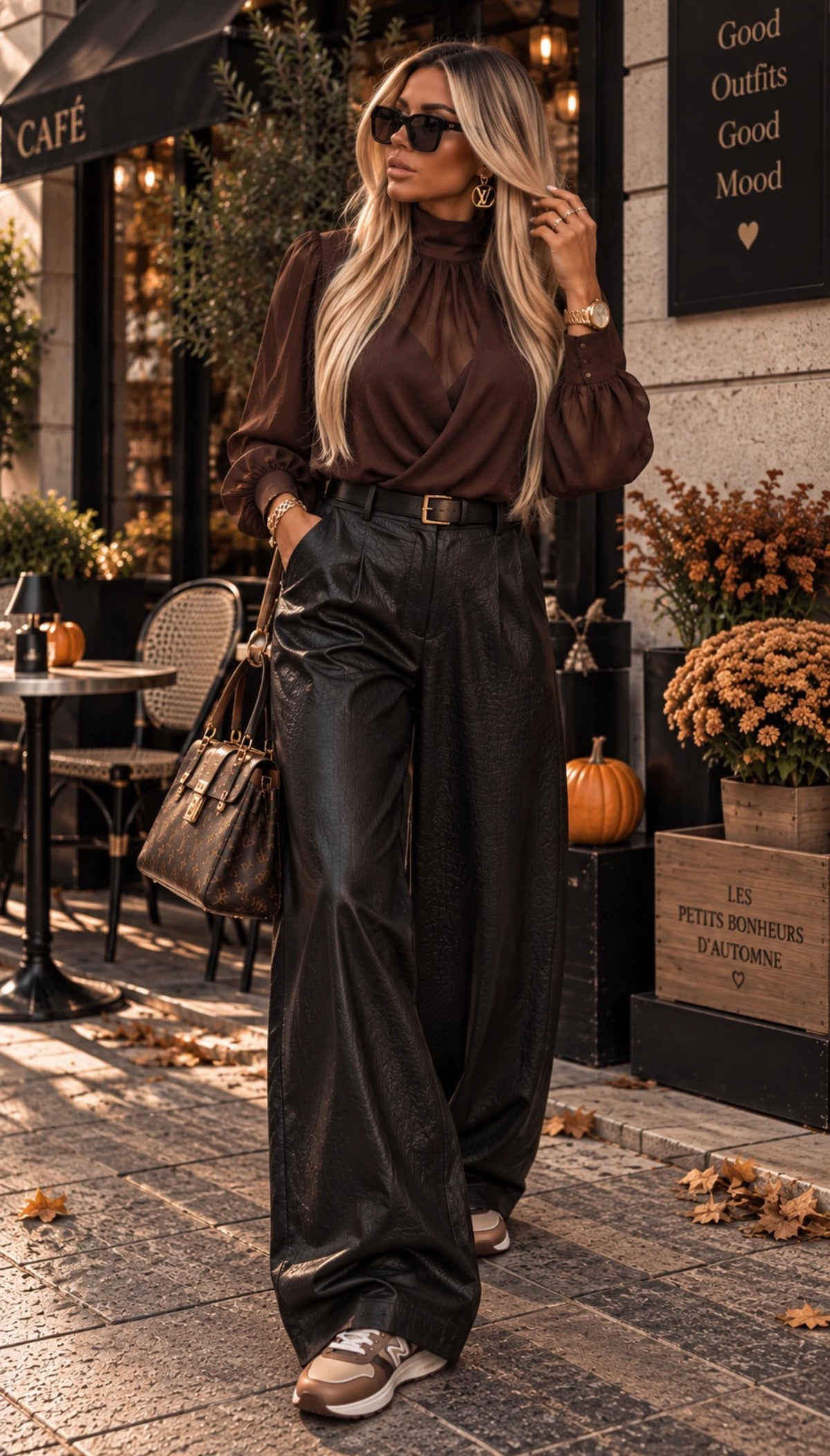 Blouse cache-cœur fluide à col montant – Noir, Marron & Bordeaux