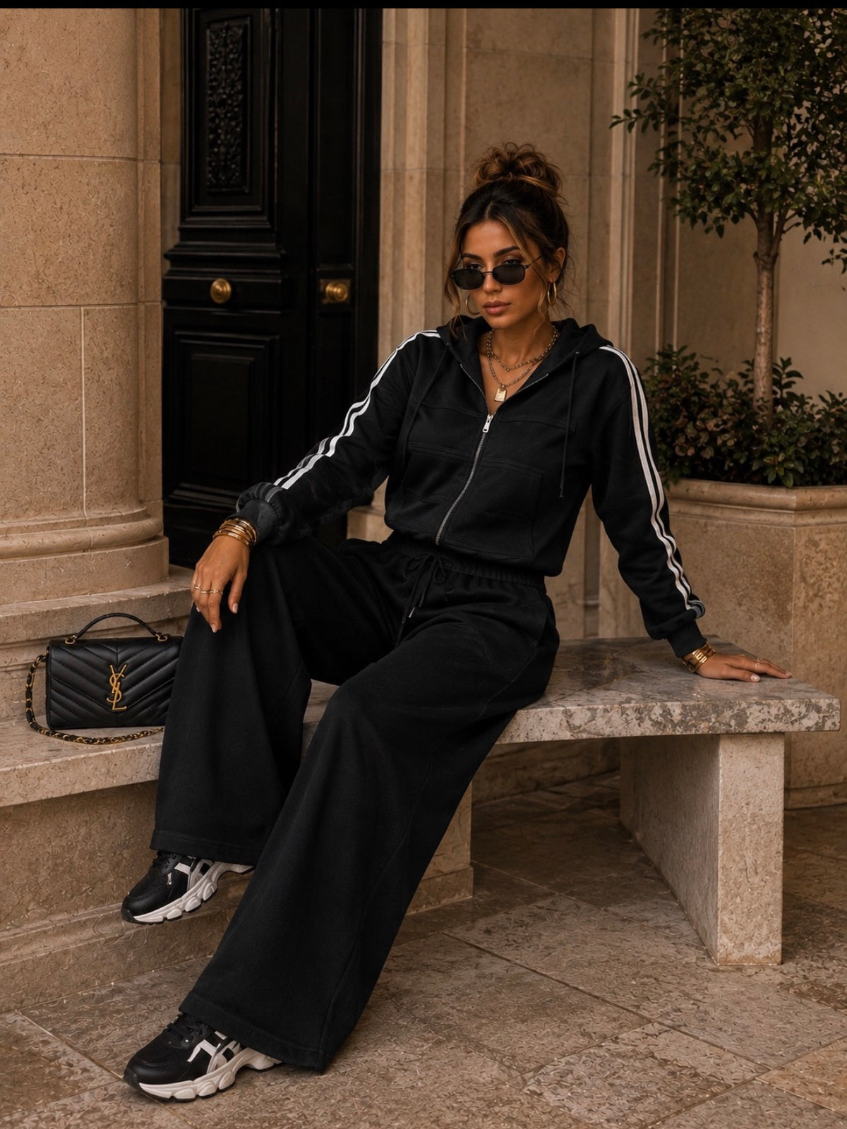 Ensemble jogging à bandes – Veste zippée avec détails & pantalon large