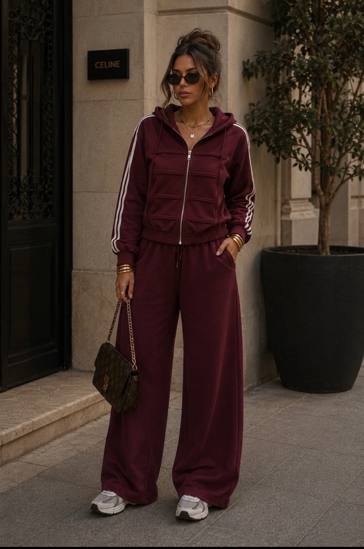 Ensemble jogging à bandes – Veste zippée avec détails & pantalon large
