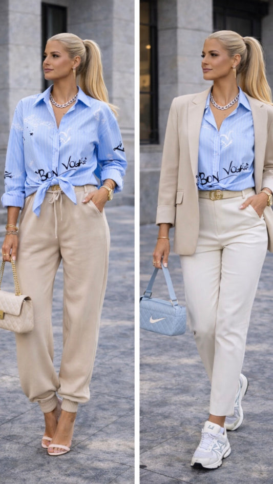 🩷 Chemise rayée à manches longues & écritures – Rose ou bleu