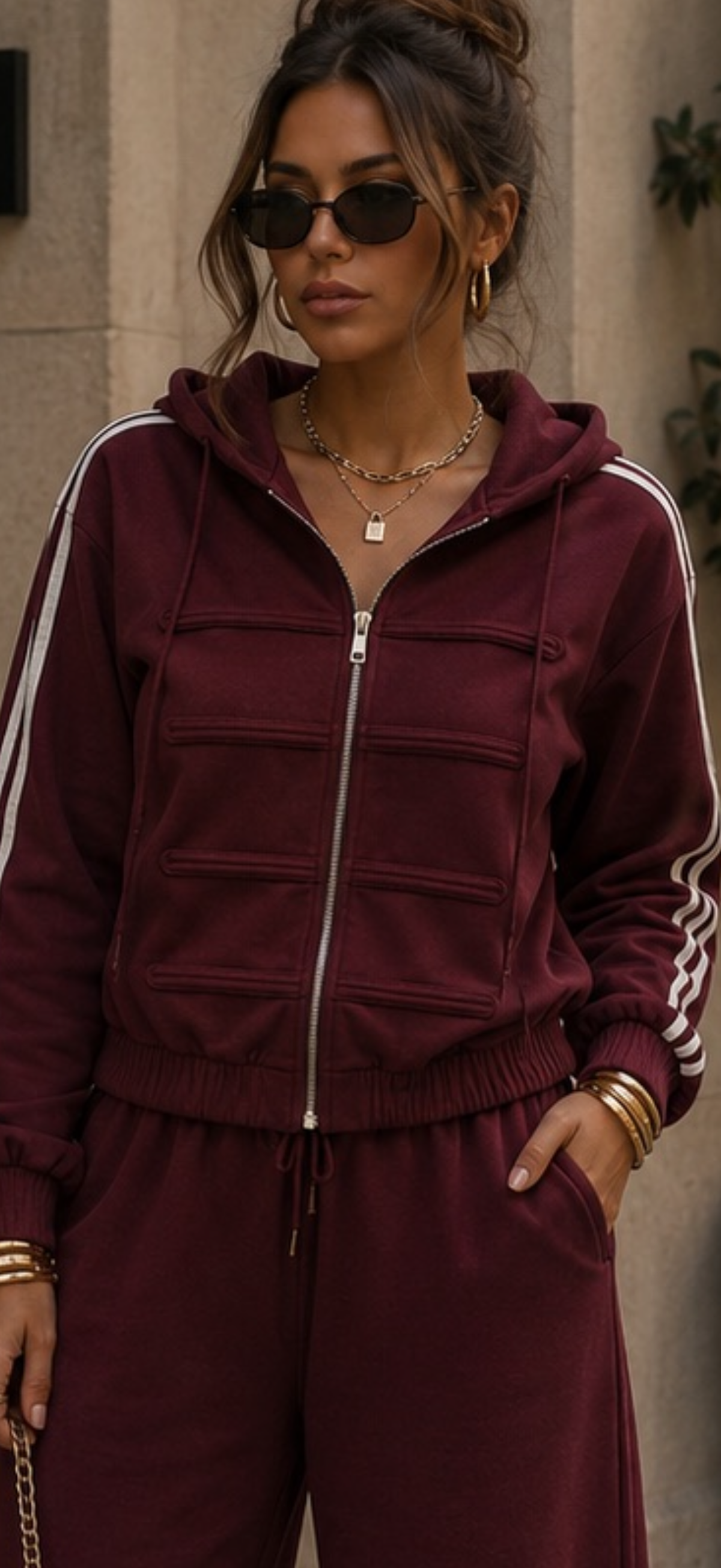 Ensemble jogging à bandes – Veste zippée avec détails & pantalon large