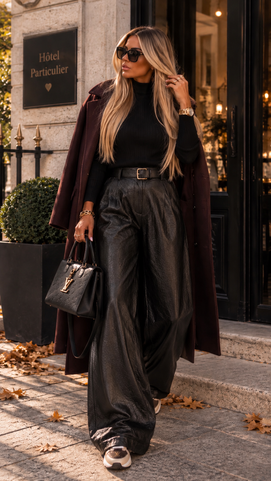 Pantalon large similicuir avec ceinture – Noir
