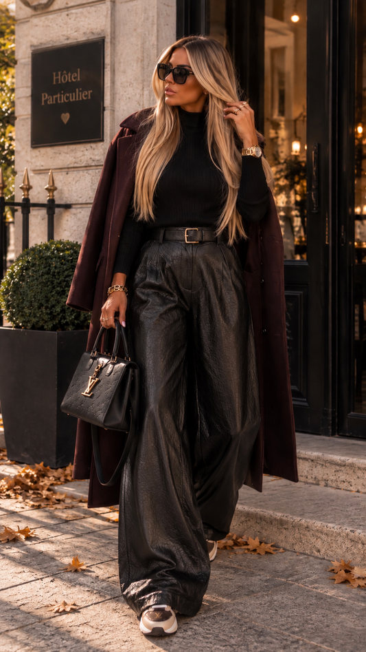 Pantalon large similicuir avec ceinture – Noir