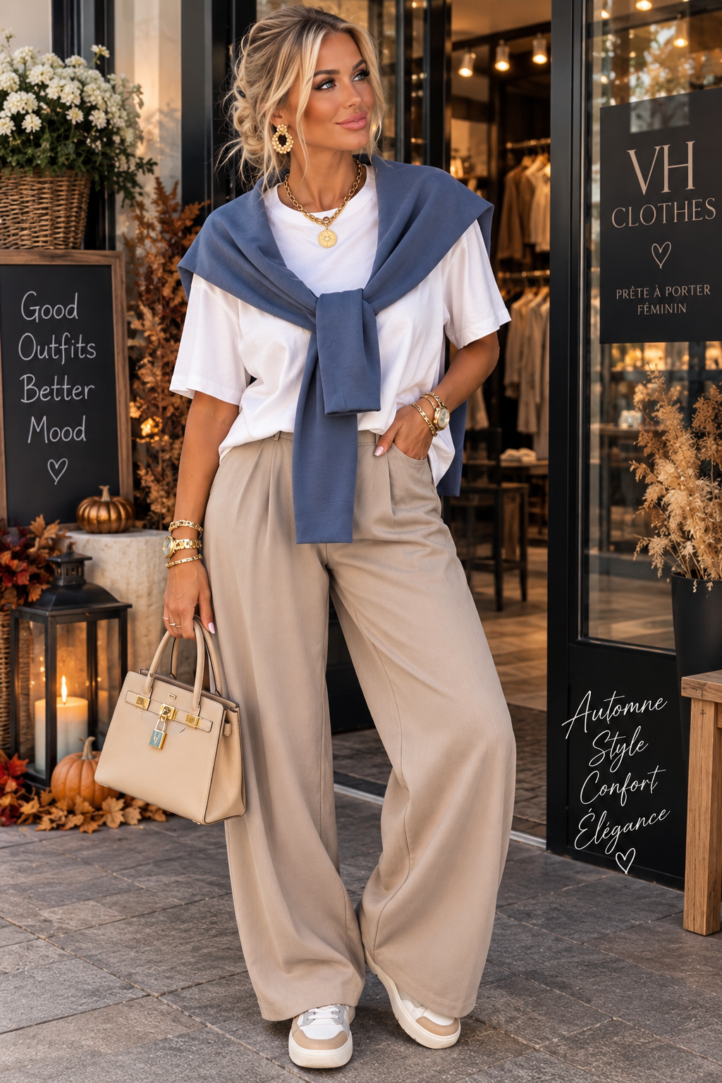 T-shirt blanc avec manches de pull noué intégré – Bleu